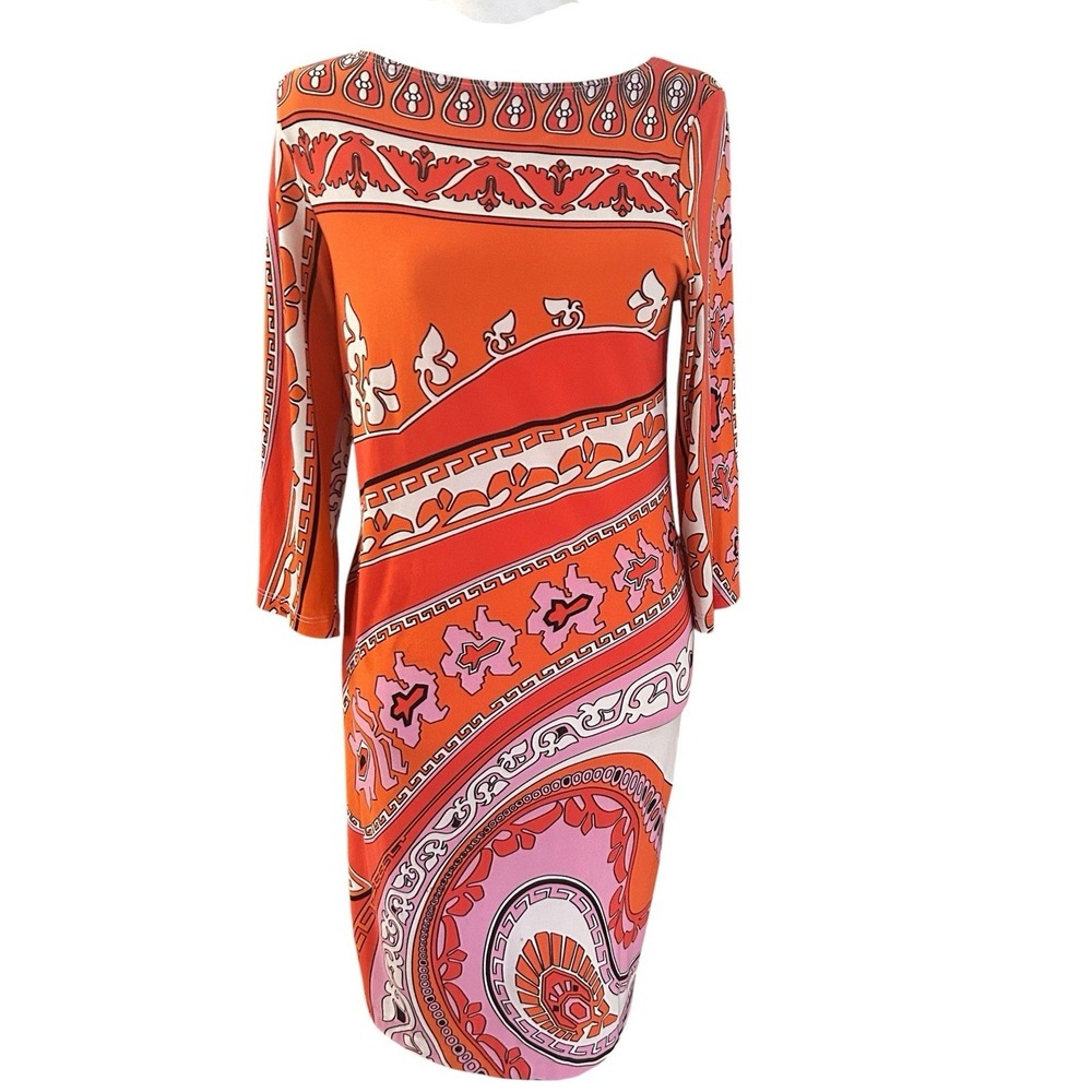 Maggie Sweet Geometric Paisley Print Shift Dress Size S Orange Pink Made in USA